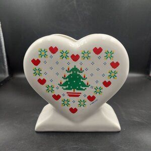 Vintage 1984 Treasure Craft Homespun Holiday Christmas Heart Napkin Holder EUC